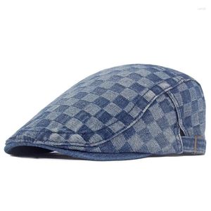 Boinas 2024 Four Seasons Denim Plaid Print Sboy Caps Flat Peaked Cap Men and Women Painter Beret Hats 150