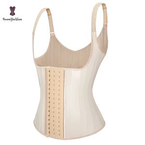 Black Ivory Women 3 Hooks And Eyes Adjustable Strap Leather Latex Waist Trainer Vest 25 Steel Bone Corset For Weight Loss