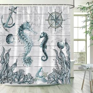 Duschgardiner sjöhäst akvarell Ocean Animals Starfish Nautical Anchor Grey Wood Board Tyg Badrum Dekoration med krokar