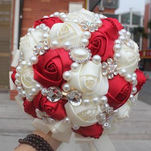 Ivory Wine Red Wedding Bridal Bouquet Forniture per matrimoni per perle di fiori artificiali Rhinestones Sweet 15 Quinceanera bouquet W22638546358