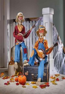 Halloween świąteczny dekoracja animowana szkielet szkieletu banjo har ornament oświetlona gitara czaszka Dueling Houndecoration Akcesoria 1823144