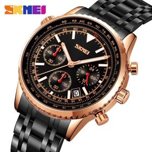 Armbanduhren SKMEI Gold Hülle Grüne Gesicht Rosenblau -Gurt Edelstahl Uhr Männer Quarz Date Stoppuhr Chronograph 9333