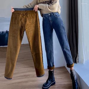 Kvinnors jeans vinterfleece rak kvinnor koreanska mode hög midja tjock sammet varma denim byxor kvinnliga stretch vintage byxor