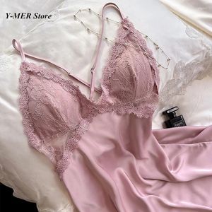 Kvinnors sömnkläder spaghetti rem sexig spets nattklänning rosa broder blommor kvinnor satin hem dressing gonw våren loungewear underkläder