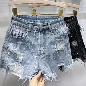 Kvinnor Pants Summer Collection Rhinestone broderade pärlor Fjädrar Tassel Vintage Blue Denim Shorts Women Short Jeans