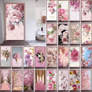 Pink Flowers 3D Door Stickers Självhäftande PVC -affisch för hela dörromslaget Sticker Apartment Home Door Kylskåp Art Mural Decor