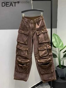 الجينز النسائي Deat Womens Jeans High Weist Green Brown Limited Company Pockets Straight Legs Jeans 2024 Summer New 29L3955 C240411