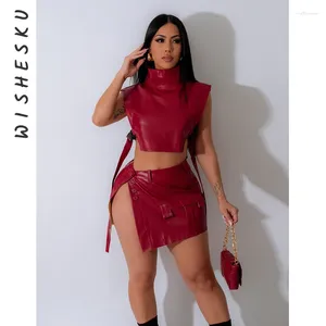 Work Dresses Two Piece Set Women PU Faux Leather Outfits Sexy Sleeveless Bandage Crop Top High Waist Slit Mini Skirts 2024 Spring Fall