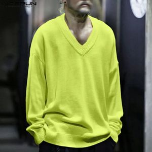 2024 Mens T Shirt Solid Color V Neck Long Sleeve Knitted Streetwear Men Clothing Loose Fashion Camisetas S-5XL Incerun 240327