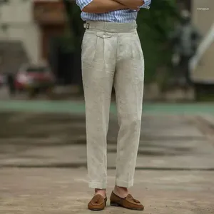 Men's Pants British Style Men Gurkha Linen Pant High Waist Straight Ankle-Length Spring Summer Quality Thin Casual Loose Trouser