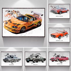 Legendäre Filmautos Aquarellposter Leinwand Malerei Supercar Cool ästhetisches Wandkunst Bild für Wohnzimmer Jungen Wohnkultur