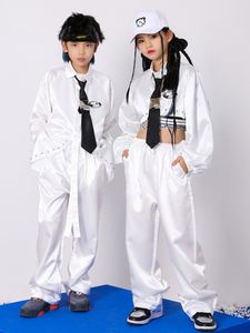 Kinder weiße lange Ärmel Satinhemd Hosen Kpop Hip Hop Kleidung Jungen Mädchen Jazz Tanz Kostüm Moderne Street Dance Wear BL9594