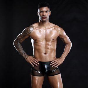 Underpants Sexy Men Metal Buckle Boxers Faux Leather Lingerie Stage U Convex Pouch Black Patent Leather Mesh Boxers Shorts Underwear