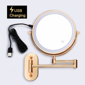8 tum väggmonterad makeup spegel matt gyllene/svart förstoring dubbel sida USB laddning badrum smart kosmetiska speglar