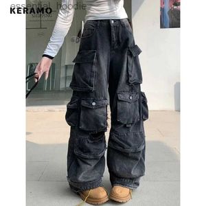 Kvinnors jeans amerikanska retro hip-hop höga midja raka jeans för hösten 2023 kvinnors avslappnade y2k grunge gata pocket denim byxa c240411