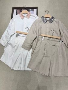 女性セット春と夏のリネンビーズブルーネッロカラーシャツショーツスーツクシネリホワイトアプリコット