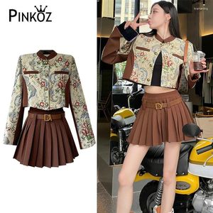 Work Dresses Pinkoz Runway Designer Two Pieces Set Vintage Painting Jacquard Single Breasted Buttons Jacket Mini Pleated Skirt With Blet