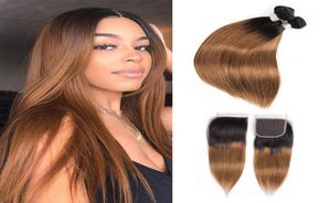 1B30 Ombre Human Hair Bundles With Closure Golden Brown Brazilian Straight Hair 3 Bundles With 4x4 Lace Closure Remy Human Hair Ex8468130