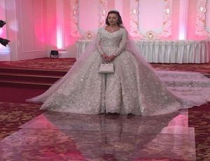 Sparkly Lace Ball Gown Wedding Dresses Luxury Crystal Beaded Puffy Dubai Arabic Bridal Gowns Long Sleeves Plus Size Wedding Dress 9670762