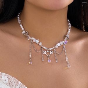 체인 Boho Long Tassel Crystal Pendant Choker Necklace for Women 수달 신부 우아한 모방 진주 쇄골 체인 미적 보석