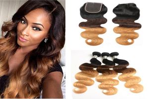 3 Ton 1B427 Body Wave Ombre Bündel mit Spitzenverschluss dunkle Wurzeln brauner Honigblondes Ombre peruanische Haare mit Verschluss 9227847