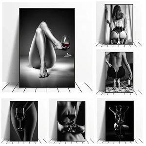 Modern preto e branco Nude Art Poster impressão sexy de vidro de vidro de vidro imagens de arte de parede para quarto decoração de casa de banheiro