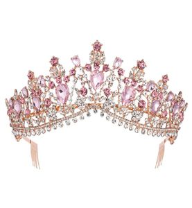 Barok Rose Gold Pink Crystal Bridal Tiara Crown z grzebieniami konkursów Prom Rhinestone Veil Tiara Tiara Opaska Wedding Hair Akcesoria Y2713731