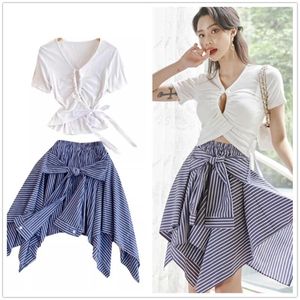 Work Dresses Casual Summer Lace-up Hollow Out Tshirt Women's Two Piece Set Outfits Korean Fashion Cross Tie Irregular Striped Skirt Suits