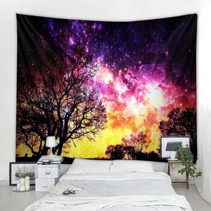 Psychedelic Tapestries Forest Tapestry Wall Hanging Trees And Stars Fabric Tapestry Home Decor Polyester Table Cover Forest Night Tapestry R0411