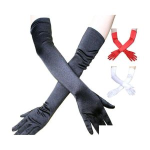 Five Fingers Gloves Classic Black White Red Skin Wrist Stretch Satin Finger Long Women wedding Flapper Matching Costume
