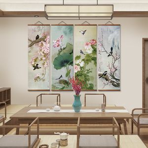 MT0978中国スタイルの花と鳥の風景キャンバス装飾的な壁アートポスターソリッドウッドスクロール絵画