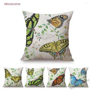 Pillow Nordic Summer Hand Drawn Watercolor Butterfly Green Leaves Art Sofa Case Cotton Linen Butterflies Decor Cover