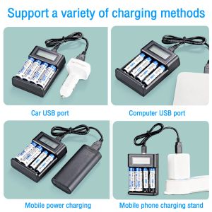 4 Slots Smart LCD CARREGADOR USB BATERIAS DE LITHIUM ADAPTOR DE ADAPTOR DE CARREGA RÁPIDO PARA NI-MH/NI-CD AAA AAA 1.2V Bateria recarregável