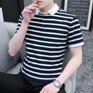 Pure Cotton Men's Short Sleeved T-shirt with Striped Polo Shirt, Small Lapel, Summer Half Sleeved, Youth Business and Leisure with Collar