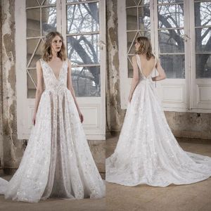 Tony Ward 2024 Bröllopsklänningar V Neck Lace Appliques paljetter Brudklänningar Custom Made Backless Sweep Train A Line Wedding Dress