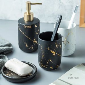 Marble Soap Dispenser Pump Bottle Ceramic Bathroom Accessory Set Home Couple Mouthwash Cup Soap Dish Washing Tools Luxury