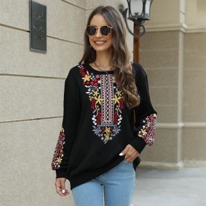 Dresses Eaeovni Women's Mexican Embroidered Tops Traditional Boho Hippie Clothes Peasant Blouse Bohemian Long Sleeve Shirt Tunic