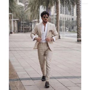 Men's Suits Costume Homme Summer Linen Notch Lapel Men Fashion Wedding Prom Terno Masculino Slim Fit Groom Blazer 2 Pcs(Jacket Pant)