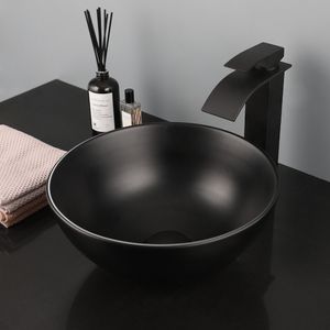 ZAPPO Modern Bathroom Vessel Sink Round Black Ceramic Wash Basin Sink Bowl Countertop Bathrooms Sinks with Black Waterfall Mixer