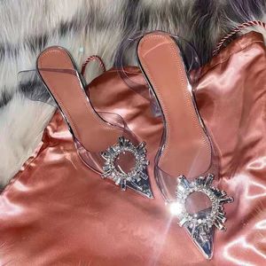 Summer Ladies Pointed Sunflower Buckle Rhinestone Flat Sandals Crystal High-Heeled Shoes Baotou Transparent Stiletto Heels 240321