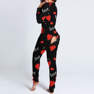 Sexiga kvinnors onesies pajamas knäppa ner jumpsuit älskar utskrift kvinnlig sömnkläder funktionell knäppt klaff vuxna pyjama hemkläder