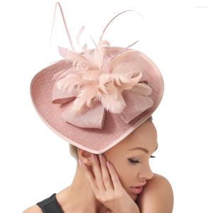 Berets Vintage Peach Imitation Leinen -Faszinatoren mit Feder Damen rote Hochzeitsschleier Fedora Pillbox Hut Frauen Kleid Hüte