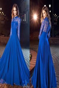 2019 Royal Blue Lace Mangas compridas Vestidos de noite Botões de volta Uma linha CHIFFON PROM VIDOS DE FESTO