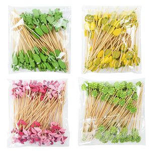 100pcs Hawaiian Tropical Palquim de dente tropical Flamingo Folha de palmeira Bambu Pick Speard Stick Cocktail Fruit Fork para Summer Beach Party Decor