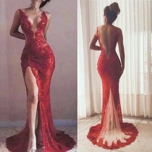 Sexy Side Slit Mermaid Prom Dresses Illusion Open Back Lace Appliques Sleeveless Long Dark Red Special Occasion Gown Deep V-Neck Birthday Party Evening Gown