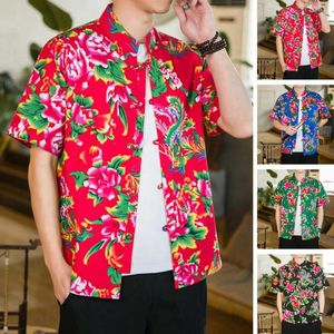 Mäns casual skjortor män vintage skjorta kinesisk stil sommar med blommönster stativ krage knappen skrack kort ärm
