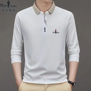 T-shirt da uomo a molla a maniche lunghe di Biyin Lefen e autunno camicia da polo di cotone puro maschile con top-end casual indossa 240407