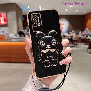 Telefonfodral för Infinix Tecno Pop 5 Lite Tecno Pova 2 Luxury Plating Square Rabbit Holder With Landyard Case Cover