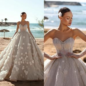 Elegante A linha feminina Vestido de noiva Sweetheart Neck Sleeseless Bridal GOWNS 3D Apliques LEECHAS Vestido de trem Sweep Custom feito vestidos de novia