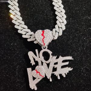 Homens Mulheres Hip Hop No Love Heart Pingente Colar com Chain Hiphop de 15mm Chain Iced Out Bling Hiphop Colares Jewelry 240411